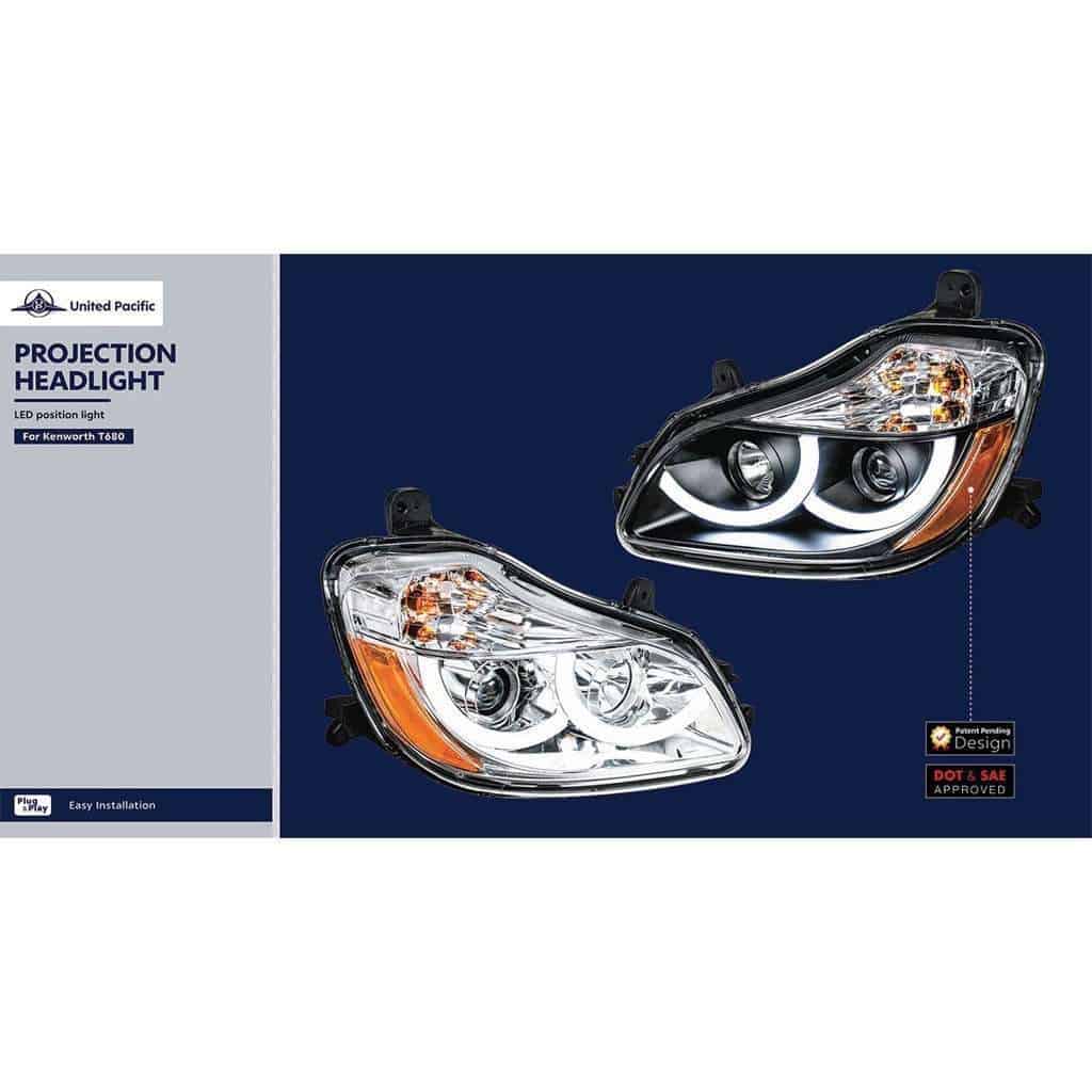 Kenworth T680 Chrome Projector Headlights W/ Led Position Light (2013–2021) 7 Projection Headlight with LED Position Light (13-21) Kenworth T680-Chrome