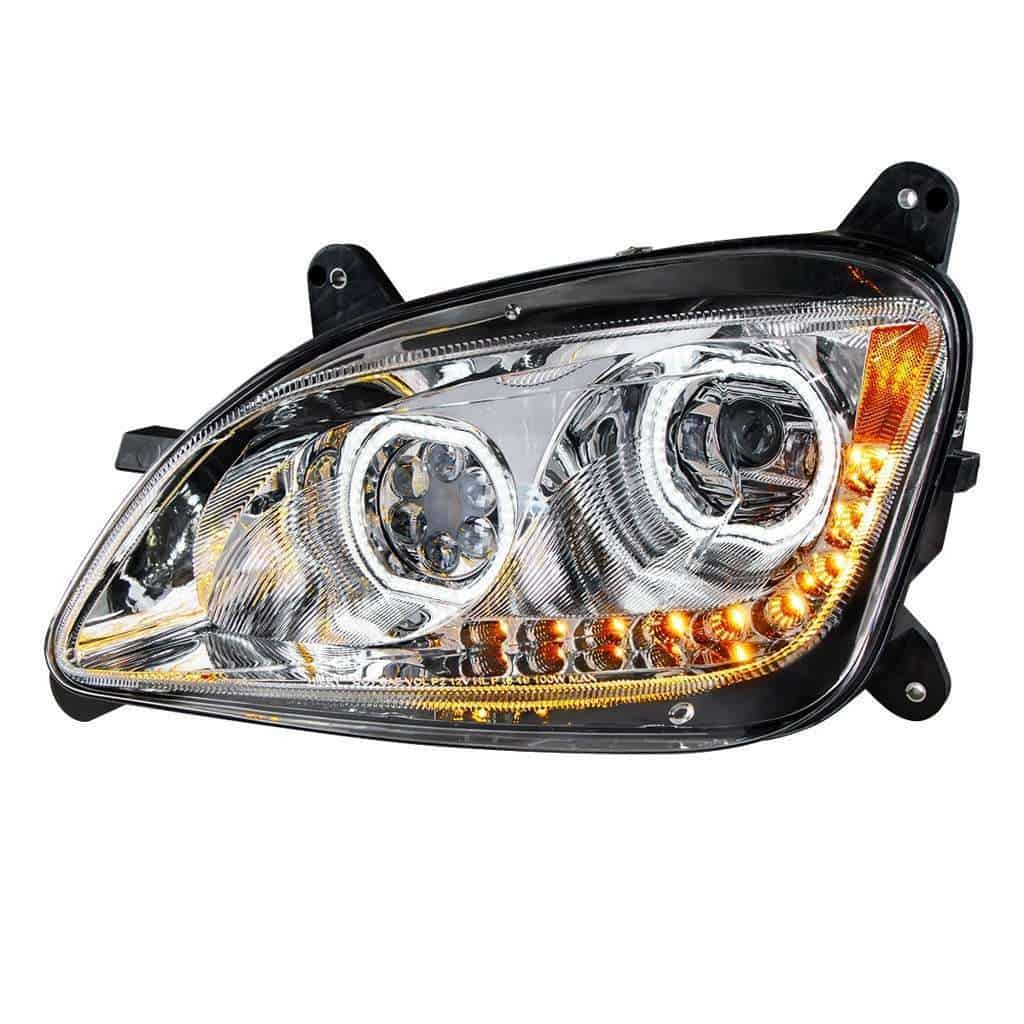 Peterbilt 579 LED Headlights with Chrome Halo DRL & Sequential Turn Signal (12–24V)