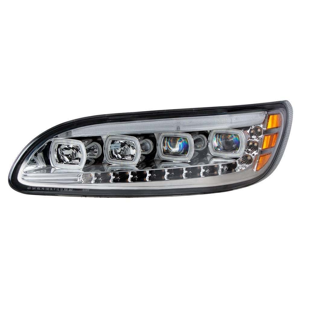 Quad-LED Headlight with LED DRL & Sequential Turn Signal for 2005-2015 Peterbilt 386-Chrome