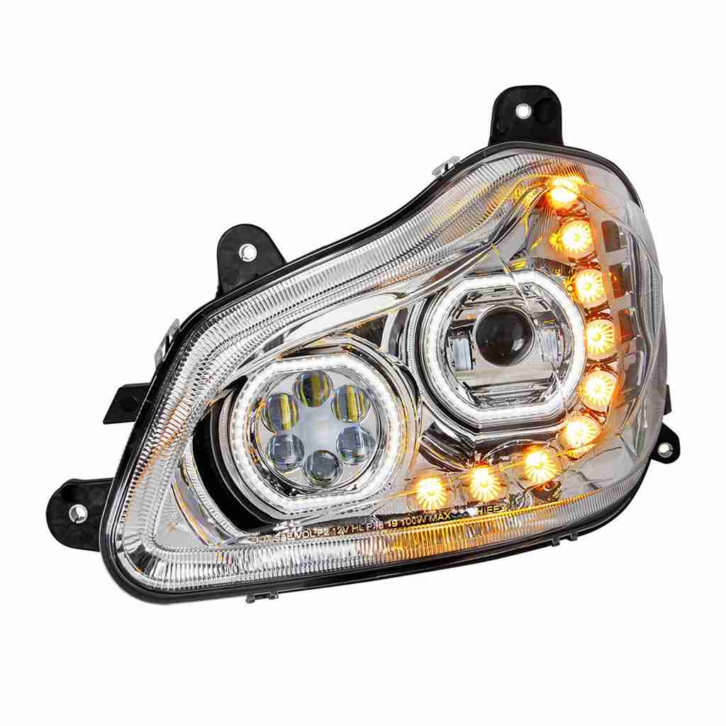 Kenworth T680 Chrome Led Halo Headlights W/ Sequential Turn Signal (2013–2021) 4 10 LED Headlight for 2013-2021 Kenworth T680