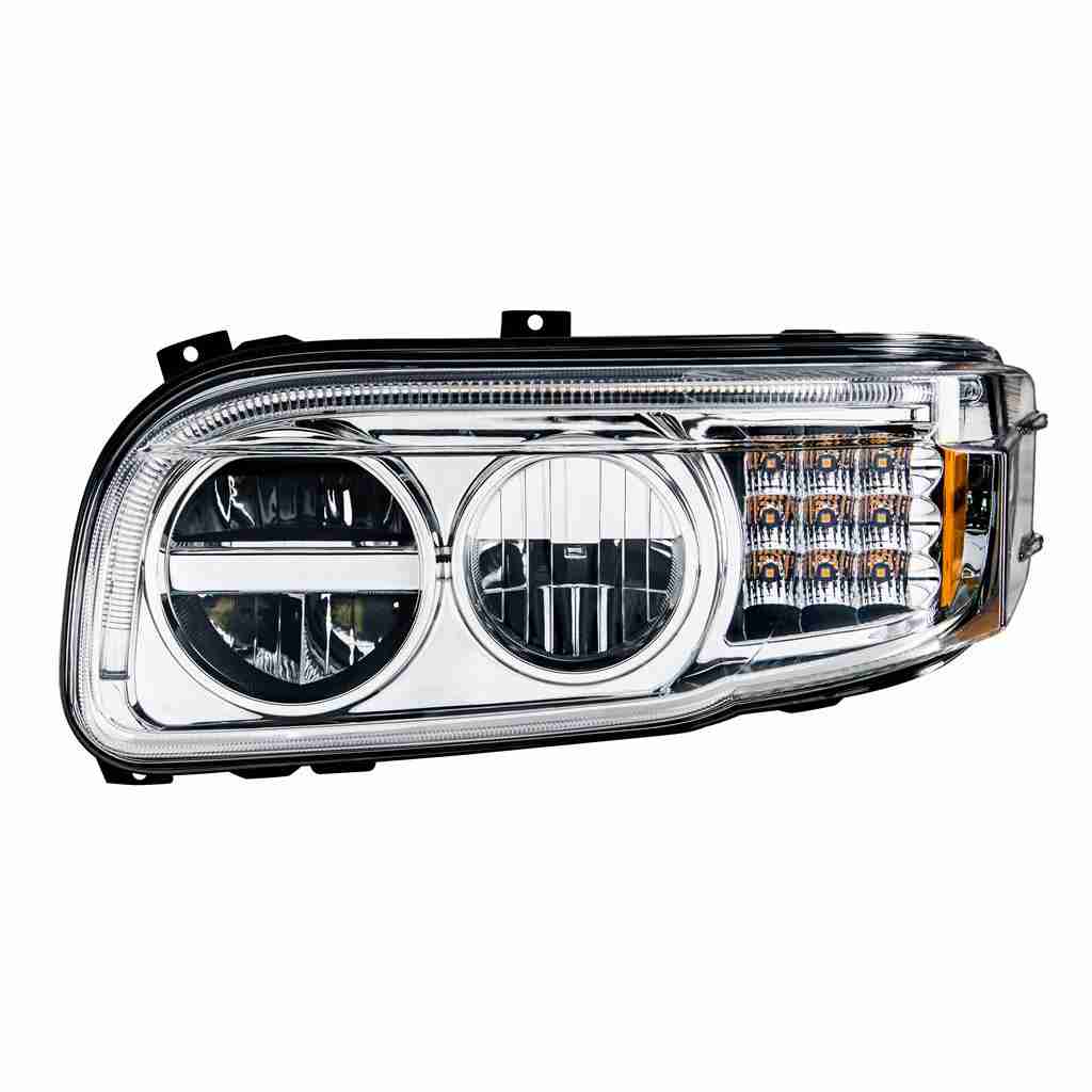 Peterbilt 389 Chrome Led Headlights With Light Bar &Amp; Turn Signal (6300K) 3 LED Headlight With LED Turn & Position Light Bar For Peterbilt 388 (2008-2015) & 389 (2008-2023)