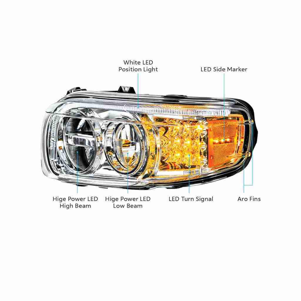 Peterbilt 389 Chrome Led Headlights With Light Bar &Amp; Turn Signal (6300K) 5 LED Headlight With LED Turn & Position Light Bar For Peterbilt 388 (2008-2015) & 389 (2008-2023)