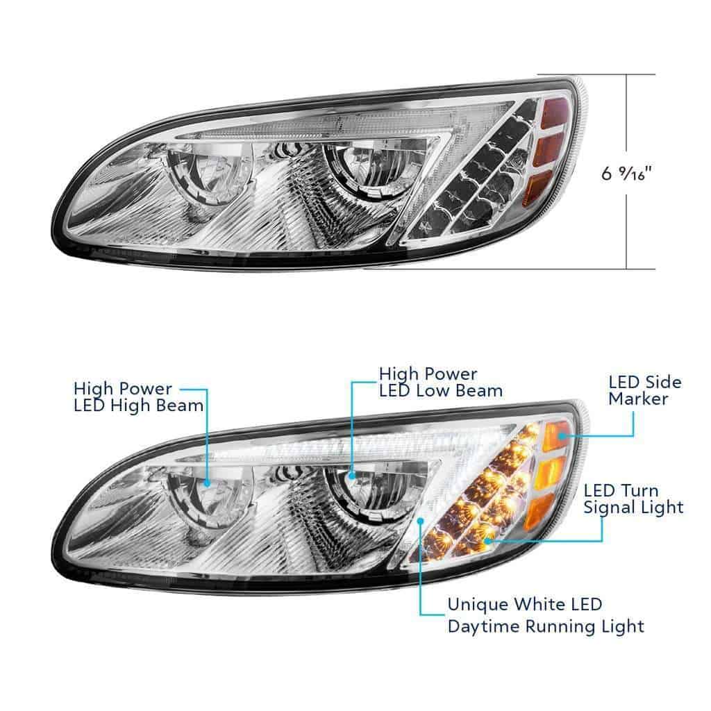Peterbilt 386 / 387 Chrome Led Headlights With Drl Light Bar 6 LED Headlight For Peterbilt 386 (2005-2015) & 387 (1999-2010)