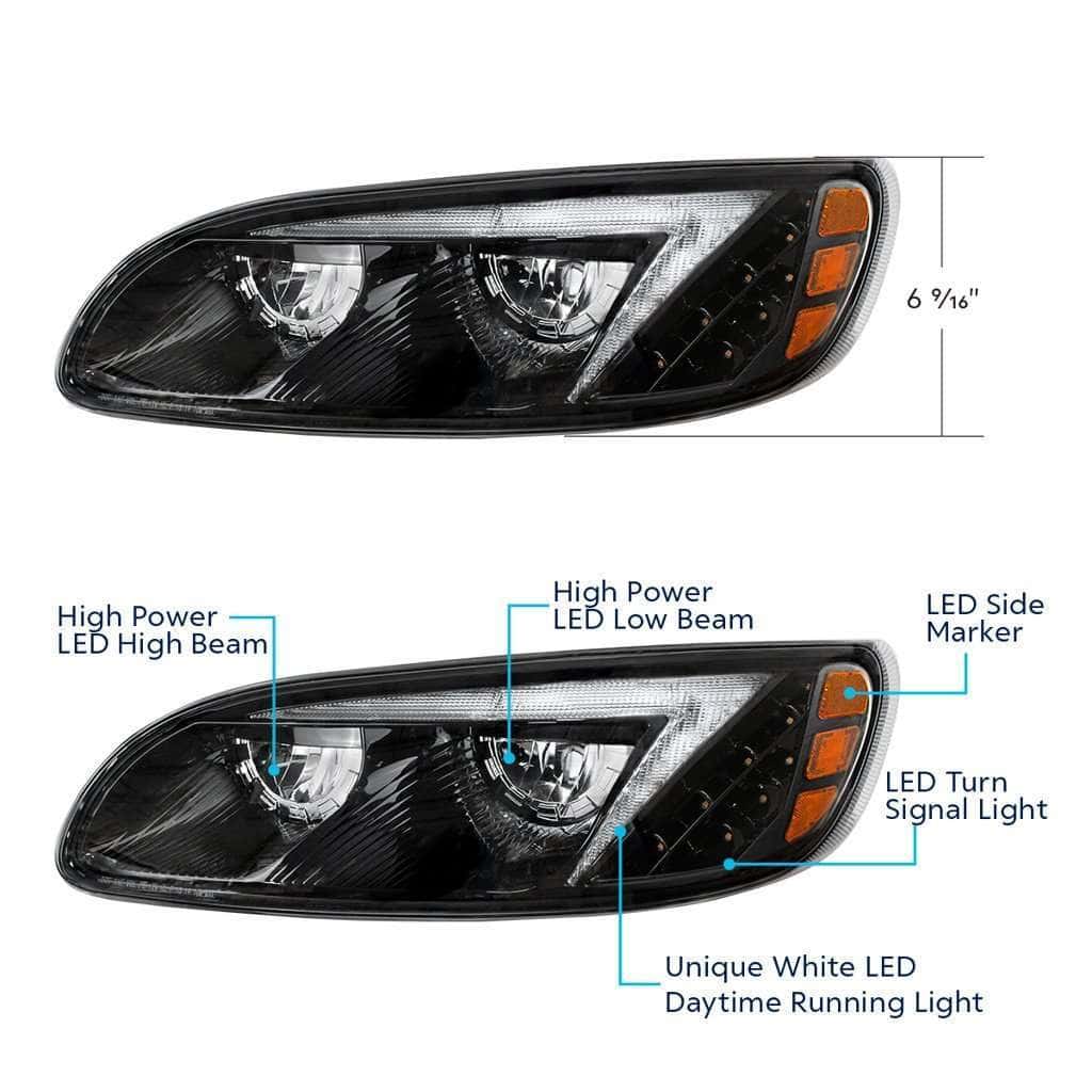 Peterbilt 386 / 387 Black Led Headlights With Drl Light Bar 6 LED Headlight for Peterbilt 386 (2005-2015) & 387 (1999-2010)-Black