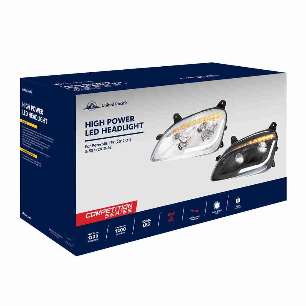 Peterbilt 579 Led Headlights With Sequential Turn Signal – Chrome Housing 6 LED Headlight With Sequential LED Turn Signal For Peterbilt 579 (2012-2021) & 587 (2010-2016)
