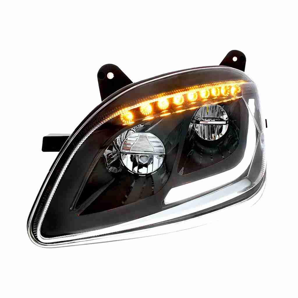 Peterbilt 579 Led Headlights With Sequential Turn Signal – Black Housing 9 Black LED Headlight W/Sequential LED Turn Signal For Peterbilt 579 (2012-21) & 587 (2010-16)