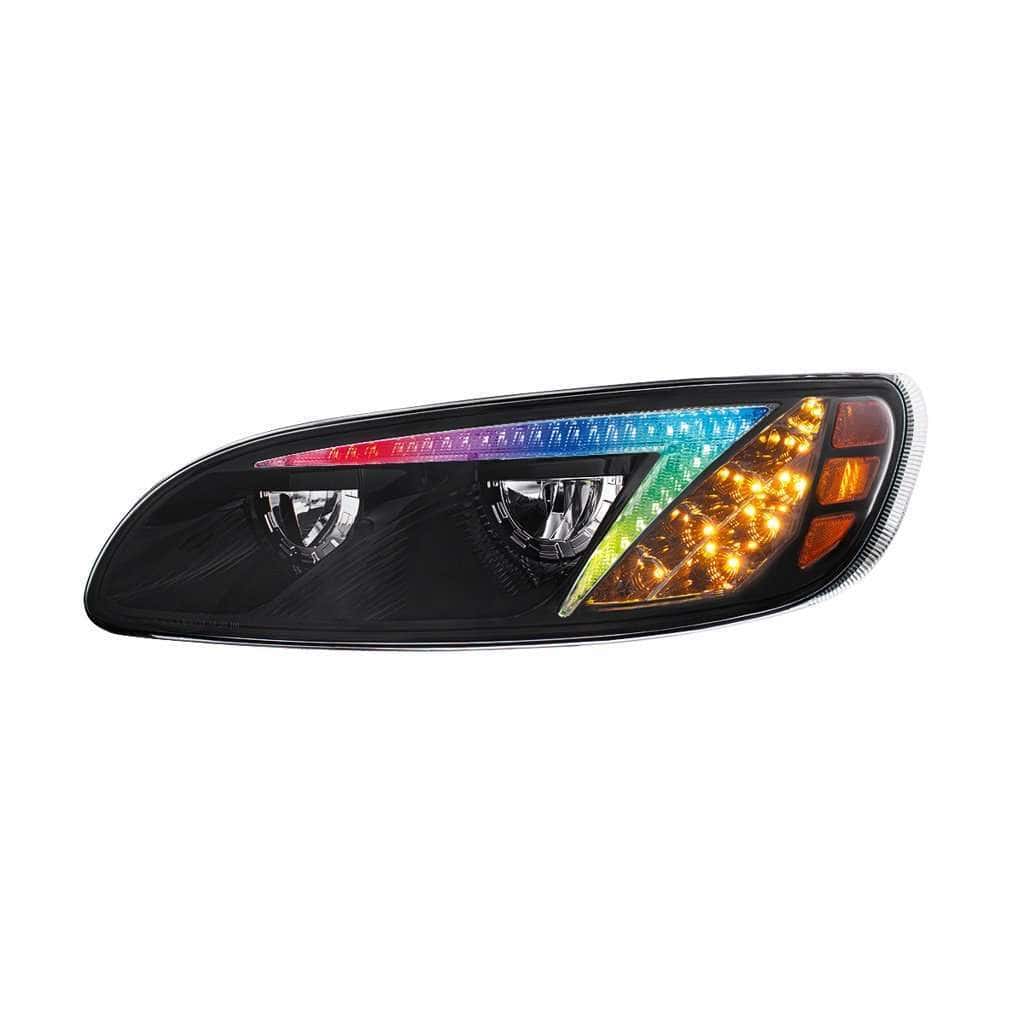 Peterbilt 386 / 387 Black RGB LED Headlights with Color-Changing Light Bar