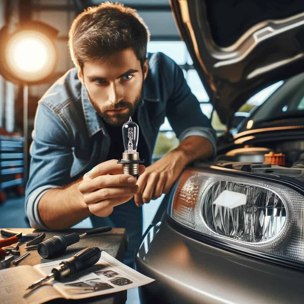 DALL·E 2024 01 26 11.52.51 A realistic photo of a man changing a headlight bulb on a car but this time he is holding an H11 halogen bulb suitable for automotive use. The scene