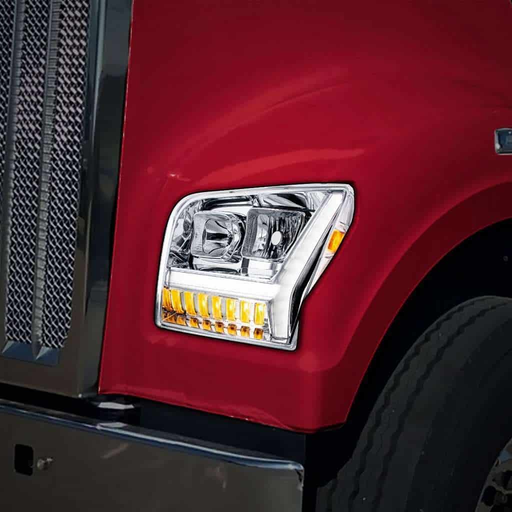Chrome Headlight With Led Drl Light Bar &Amp; Turn Signal For 2018-2026 Kenworth W990 6 Kenworth W990 Halogen Headlights - Chrome