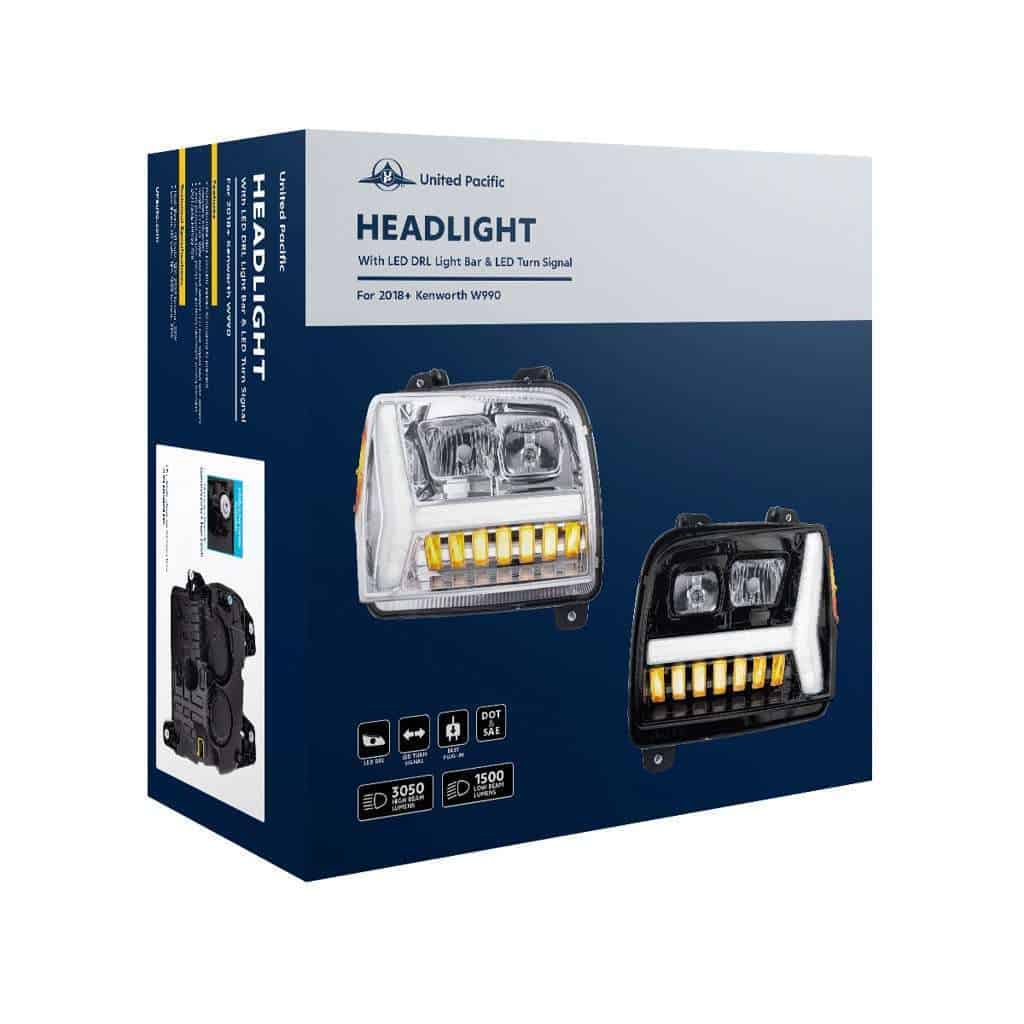 Chrome Headlight With Led Drl Light Bar &Amp; Turn Signal For 2018-2026 Kenworth W990 7 Kenworth W990 Halogen Headlights - Chrome