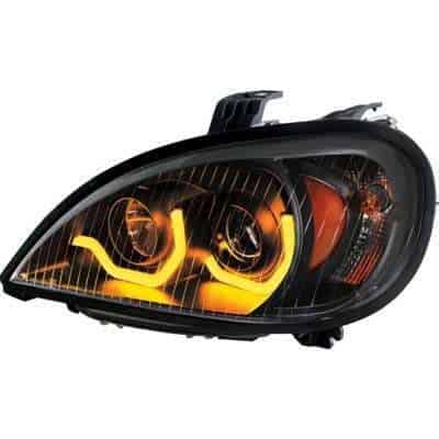 Black Projection Headlight With Dual Function LED Light Bar for 2001-2020 Freightliner Columbia