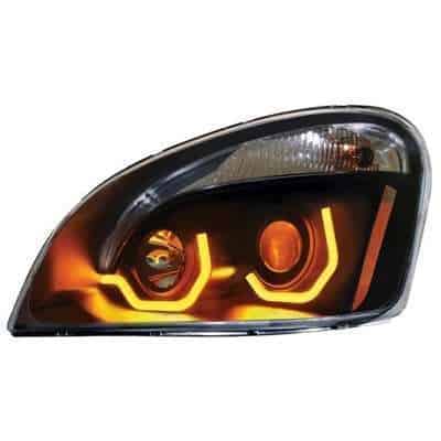 Black Projection Headlight With Dual Amber LED Position Lights for 2008-2017 Freightliner Cascadia