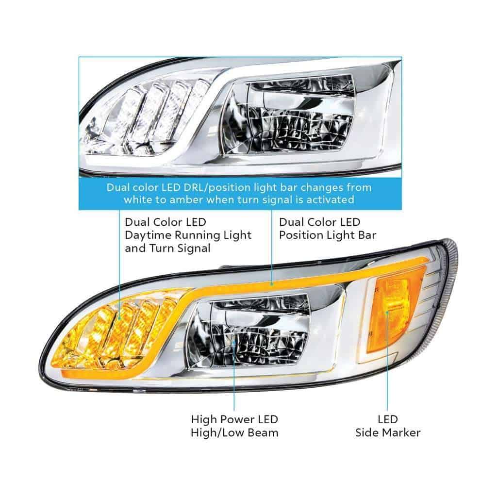 Peterbilt 386 / 387 Chrome Led Headlights With Drl &Amp; Turn Signal 9 LED Headlight with LED Turn, Position, DRL for Peterbilt 386 (2005-2015) & 387 (1999-2010)-Chrome