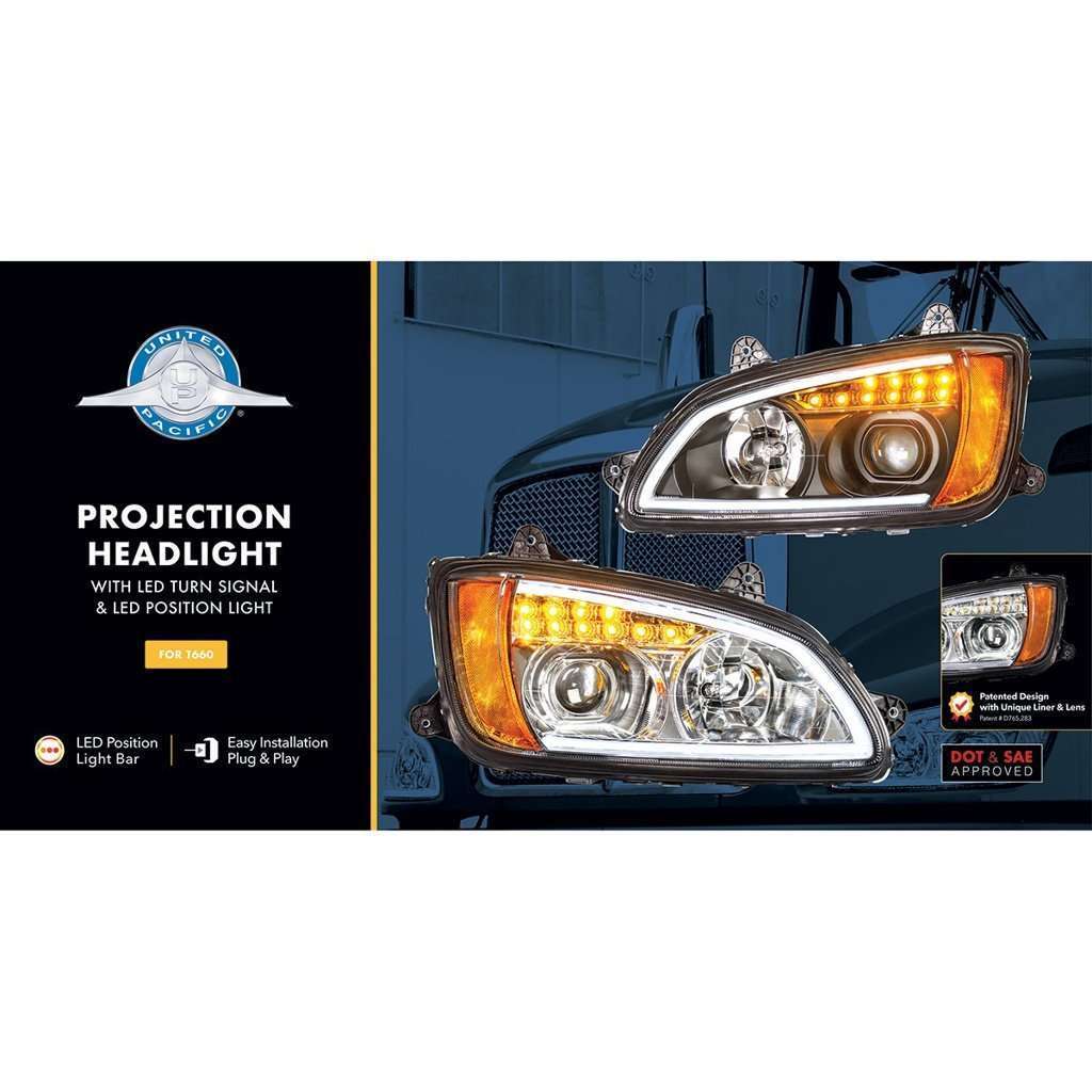 Kenworth T660 Blackout Projector Headlights W/ Led Drl &Amp; Turn Signal (2008–2017) 6 Projection Headlight with LED Turn Signal & Position Light for 2008-2017 Kenworth T660-Black