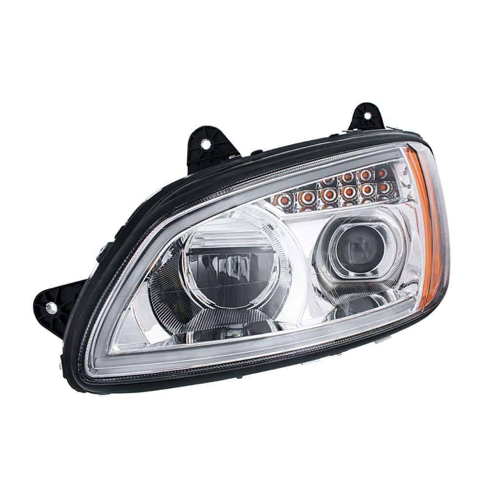 Kenworth T660 Led Projector Headlights W/ Turn Signal &Amp; Light Bar (2008–2017) 3 Full LED Projection Headlight with Turn Signal & Position Light Bar for 2008-2017 Kenworth T660-Chrome
