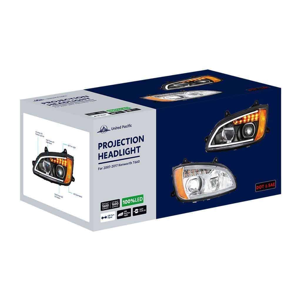 Kenworth T660 Black Led Projector Headlights W/ Turn Signal &Amp; Light Bar (2008–2017) 4 Full LED Projection Headlight with Turn Signal & Position Light Bar for 2008-2017 Kenworth T660-Black