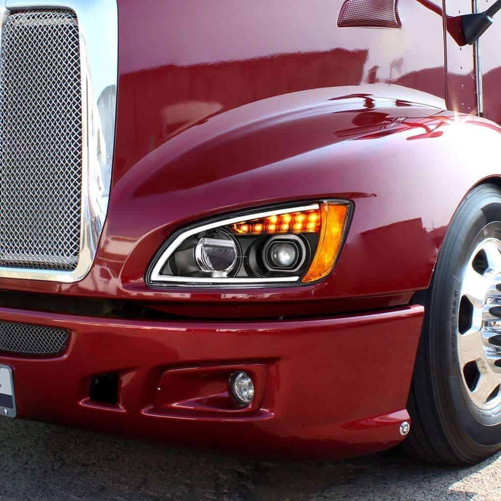 Kenworth T660 Black Led Projector Headlights W/ Turn Signal &Amp; Light Bar (2008–2017) 3 Full LED Projection Headlight with Turn Signal & Position Light Bar for 2008-2017 Kenworth T660-Black