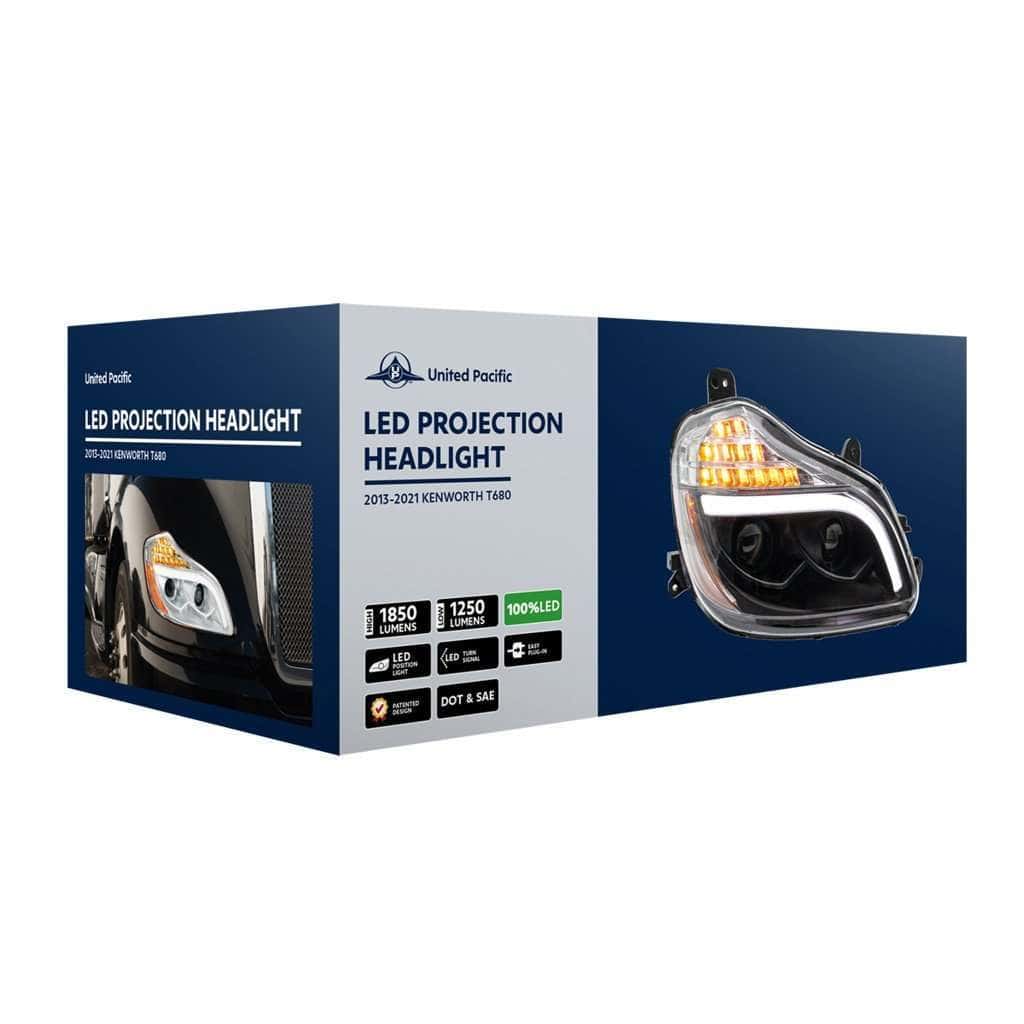 Kenworth T680 Blackout Led Projector Headlights W/ Light Bar (2013–2021) 6 8 LED Projection Headlight for 2013-2021 Kenworth T680-Black