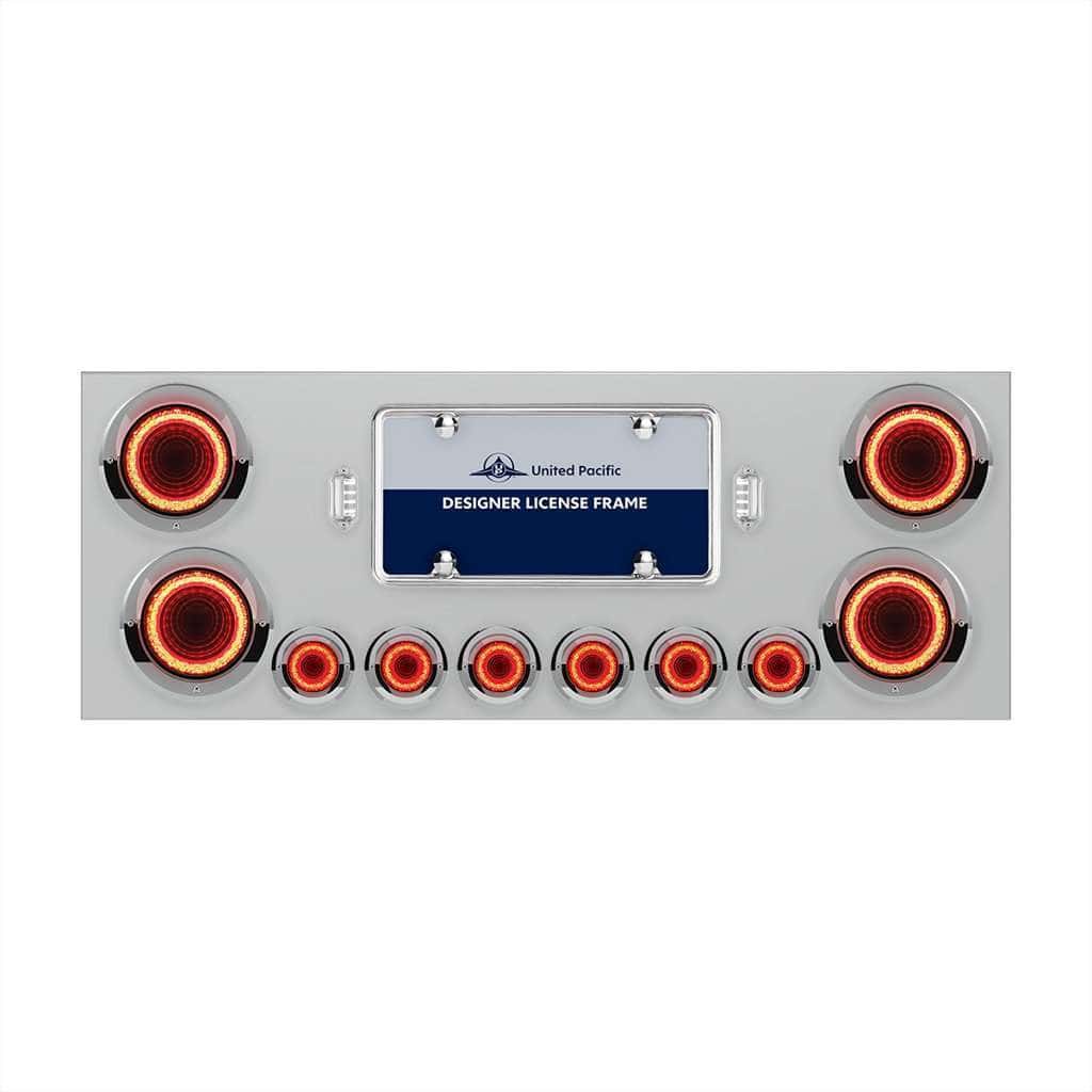Stainless Rear Center Panel with Four 23-LED 4" Lights & Six 9-LED 2" Mirage Lights & Visors – Red LED/Red Lens