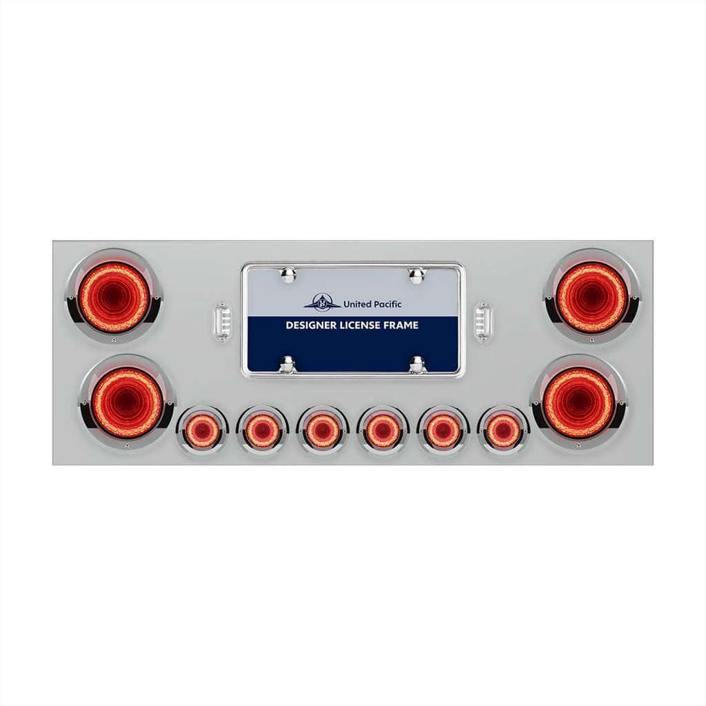 Stainless Rear Center Panel with Four 23-LED 4″ Lights & Six 9-LED 2″ Mirage Lights & Visors – Red LED/Clear Lens