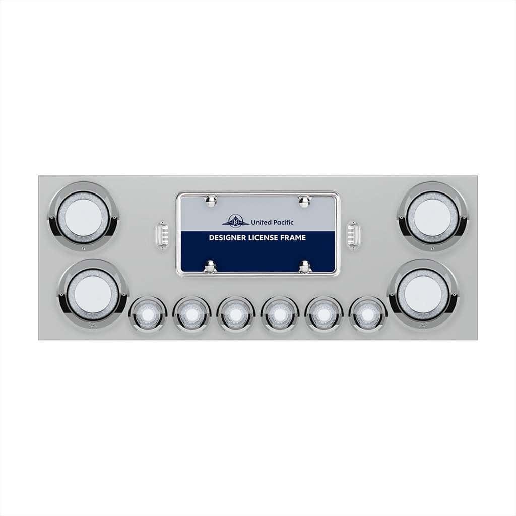 Stainless Rear Center Panel with Four 23-LED 4″ Lights & Six 9-LED 2″ Mirage Lights & Visors – Red LED/Clear Lens