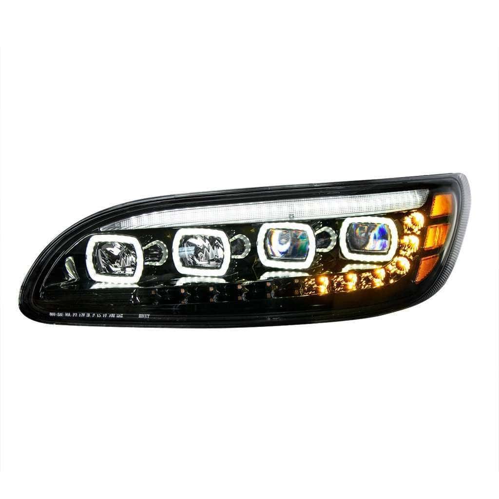Peterbilt 386 Black Quad LED Headlights with DRL & Sequential Turn Signal