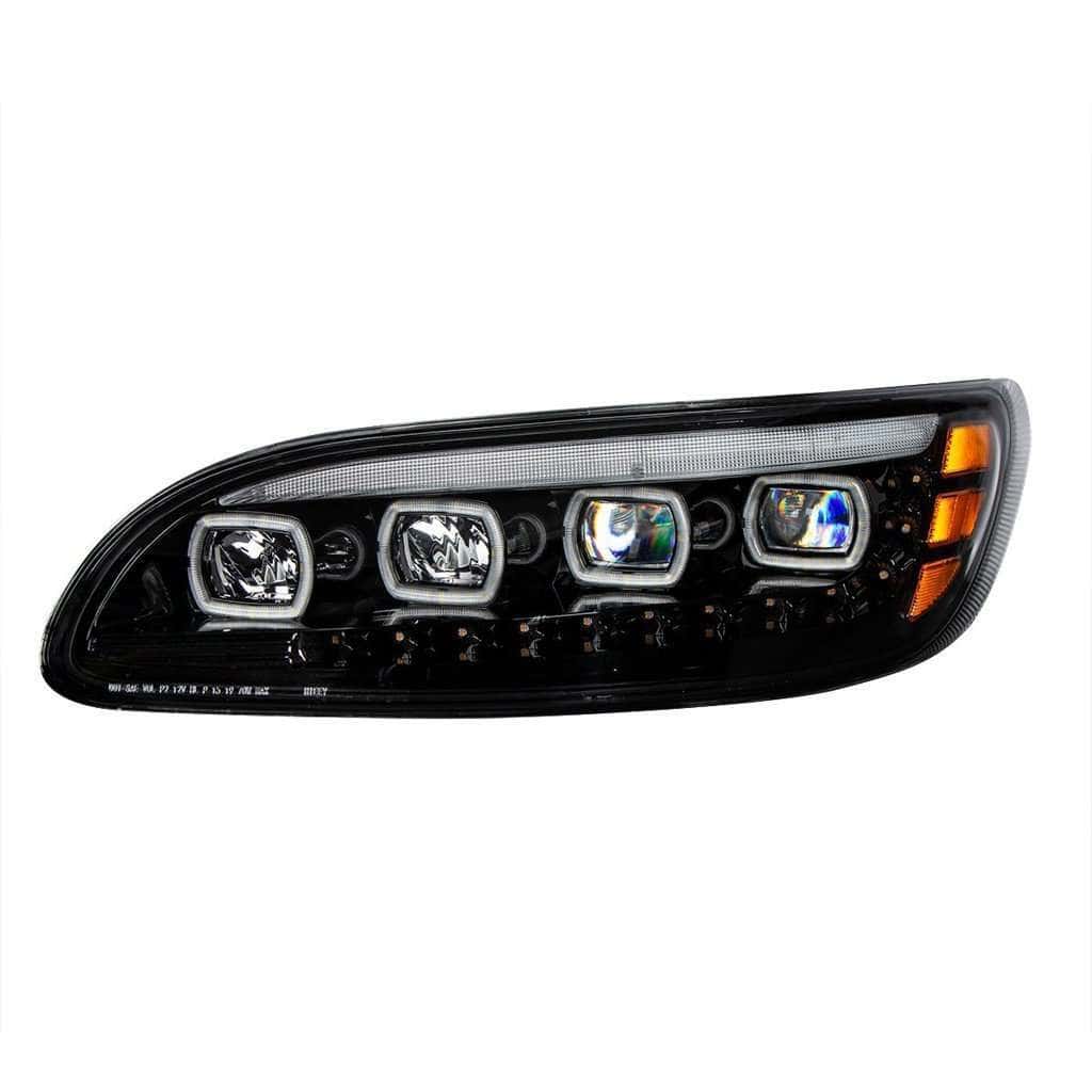 Quad-LED Headlight with LED DRL & Sequential Turn Signal for 2005-2015 Peterbilt 386-Black