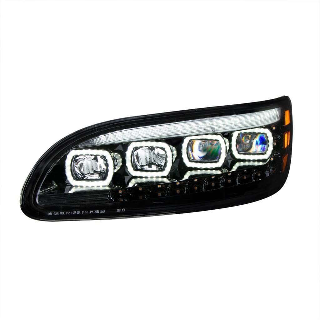 Peterbilt 386 Black Quad Led Headlights With Drl &Amp; Sequential Turn Signal 4 Quad-LED Headlight with LED DRL & Sequential Turn Signal for 2005-2015 Peterbilt 386-Black