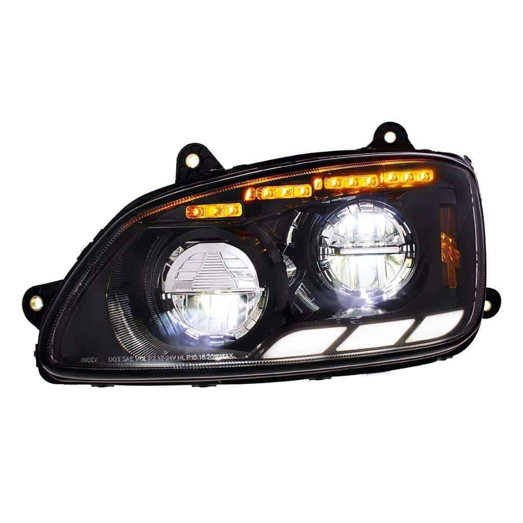 Kenworth T660 Black Led Headlights W/ Sequential Turn Signal &Amp; Triple Light Bars (2008–2017) 4 Kenworth T660 LED Headlights 2008 to 2017 With Sequential Turn Signals-Black