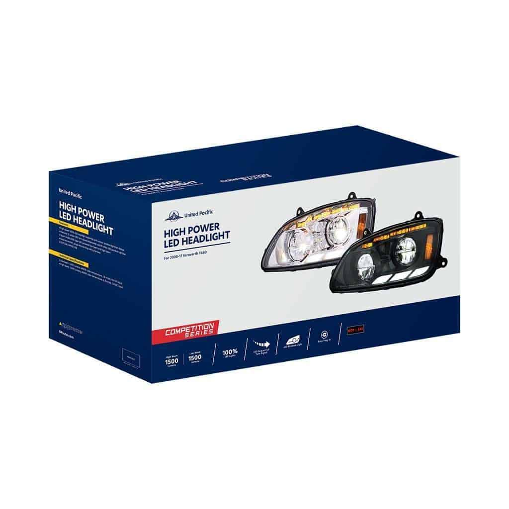 Kenworth T660 Black Led Headlights W/ Sequential Turn Signal &Amp; Triple Light Bars (2008–2017) 8 Kenworth T660 LED Headlights 2008 to 2017 With Sequential Turn Signals-Black