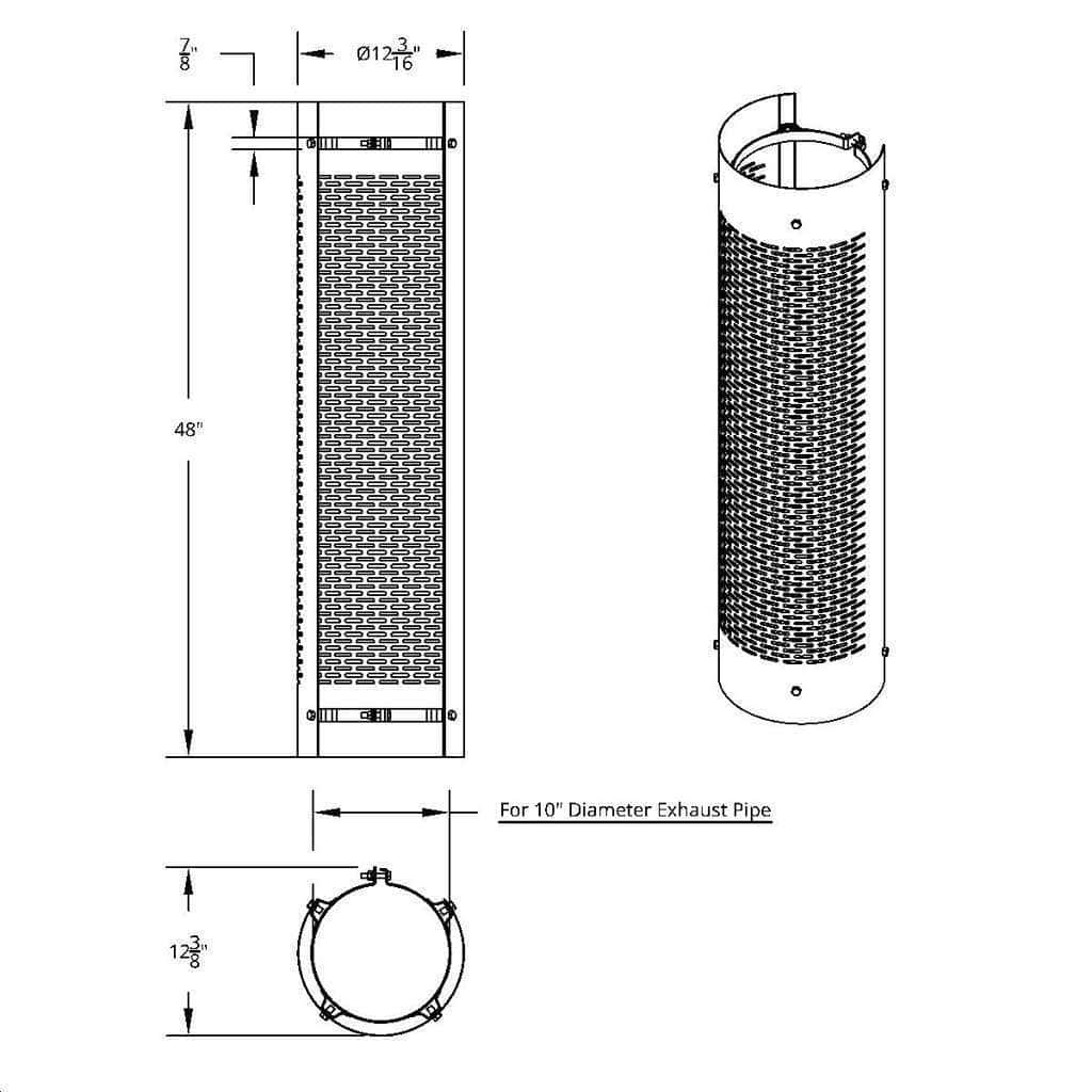 48" Tall 270 Degree Stainless Exhaust Muffler Shield For 10" Diameter Exhaust - Horizontal Slot