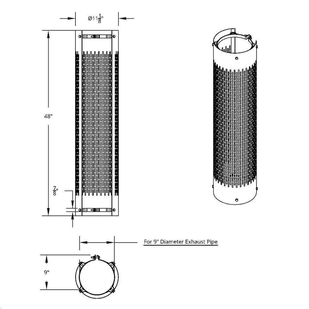 48" Tall 270 Degree Stainless Exhaust Muffler Shield For 9" Diameter Exhaust - Vertical Slot