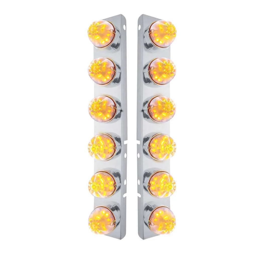 SS Front Air Cleaner Bracket W/12X 17 LED Watermelon Lights & SS Bezels For Peterbilt-Amber LED/Clear Lens (Pair)