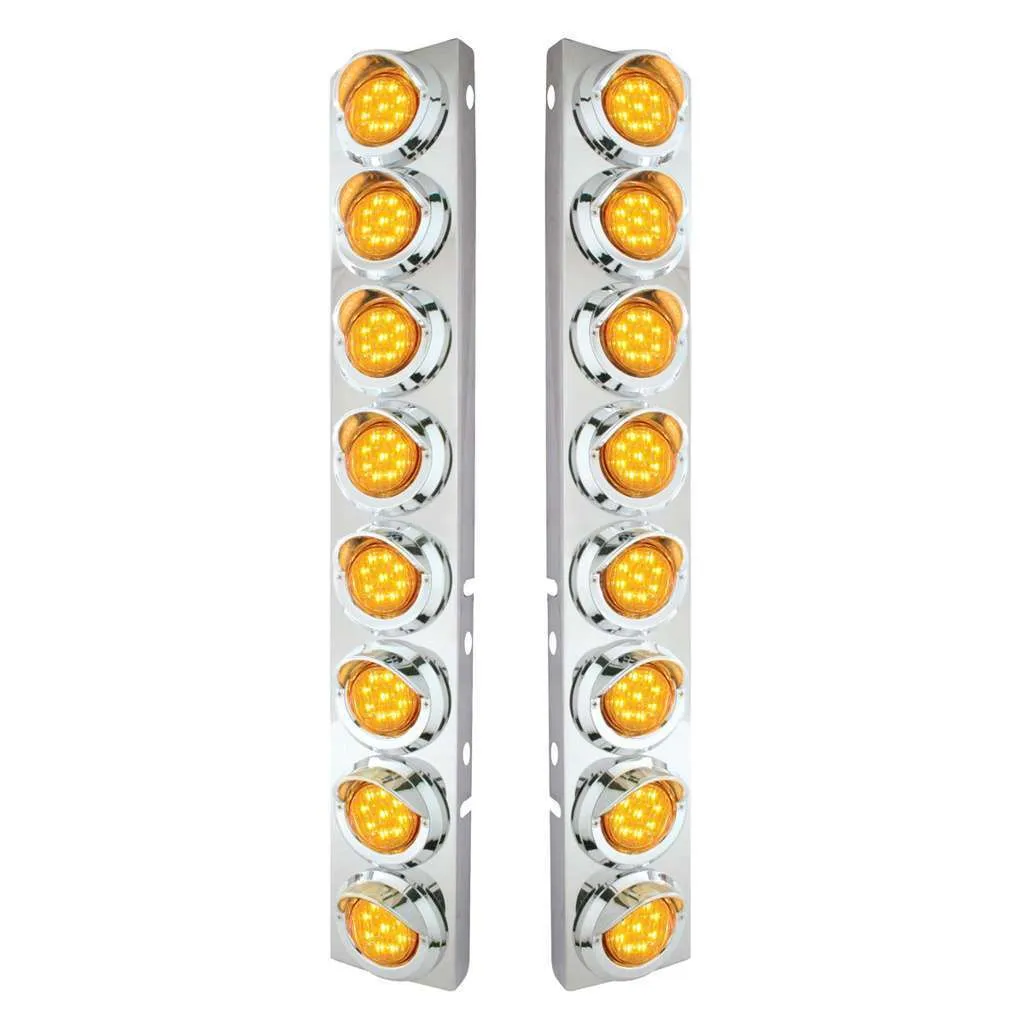 SS Front Air Cleaner Bracket With 16X 9 LED 2" Lights & Visors For Peterbilt-Amber LED & Lens