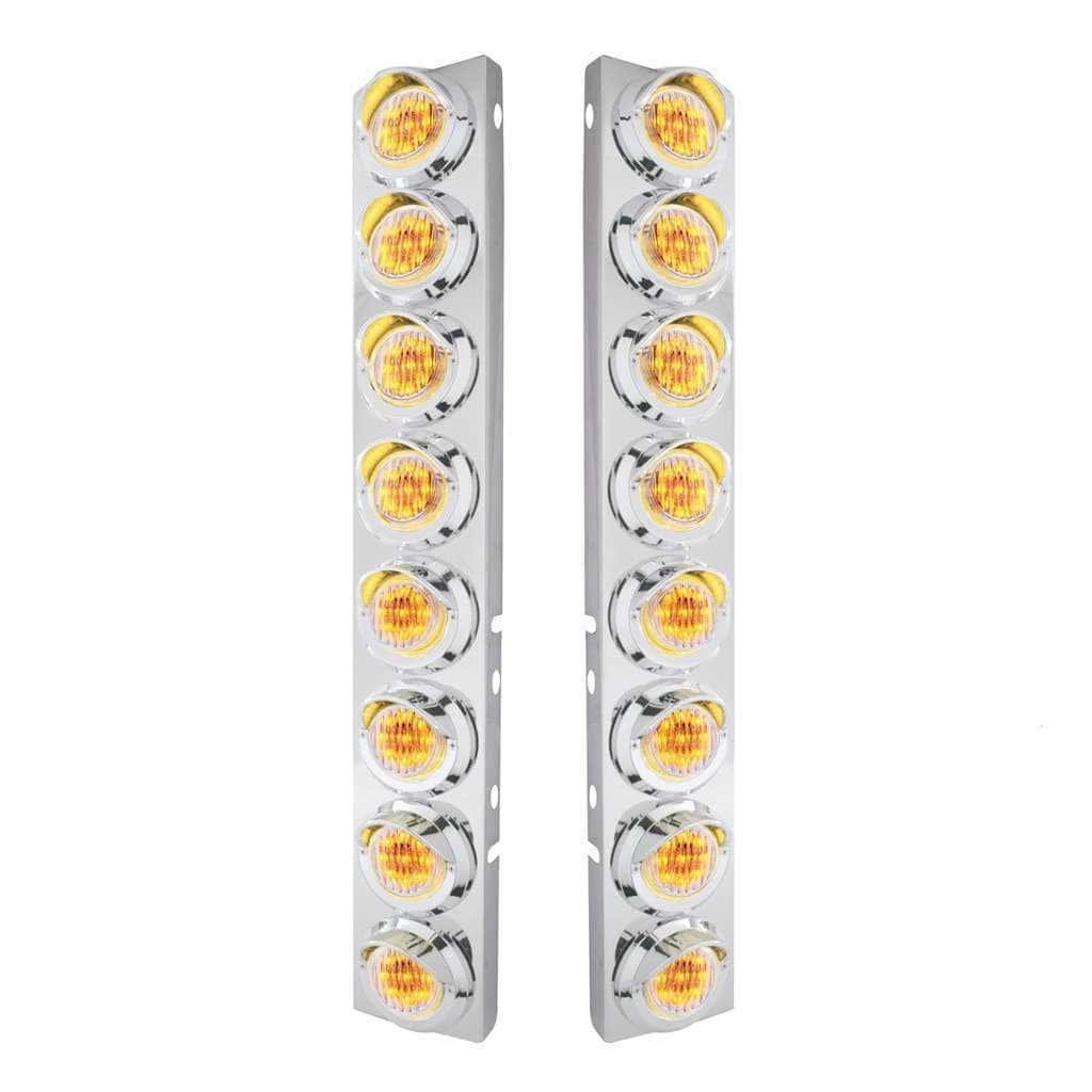 SS Front Air Cleaner Bracket With 16X 9 LED 2" Lights & Visors For Peterbilt-Amber LED/Clear Lens