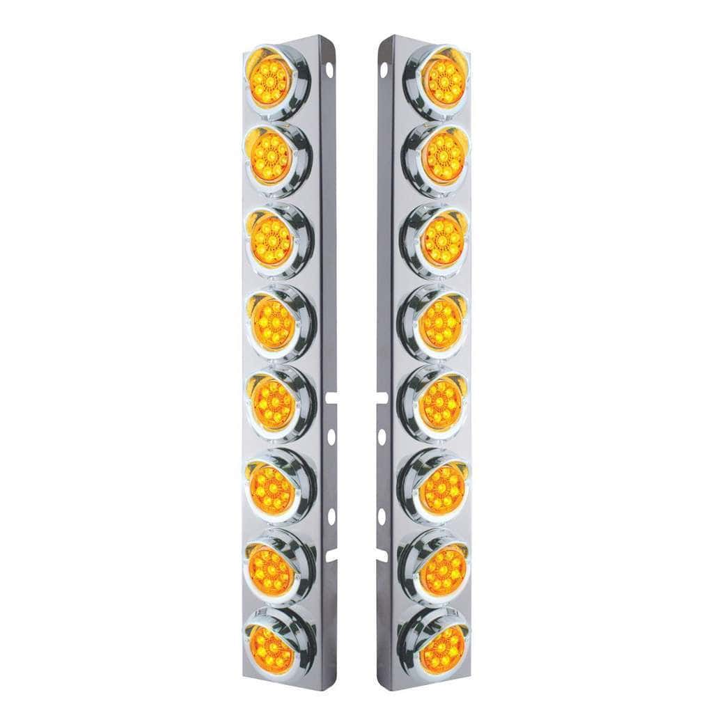 SS Front Air Cleaner Bracket With 16X 9 LED 2" Reflector Lights & Visors For Peterbilt -Amber LED & Lens