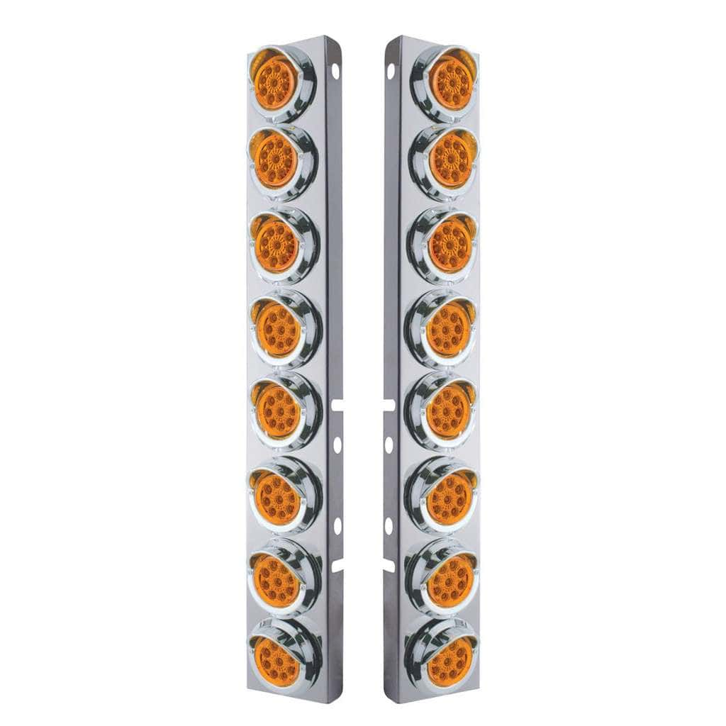 SS Front Air Cleaner Bracket With 16X 9 LED 2" Reflector Lights & Visors For Peterbilt -Amber LED & Lens