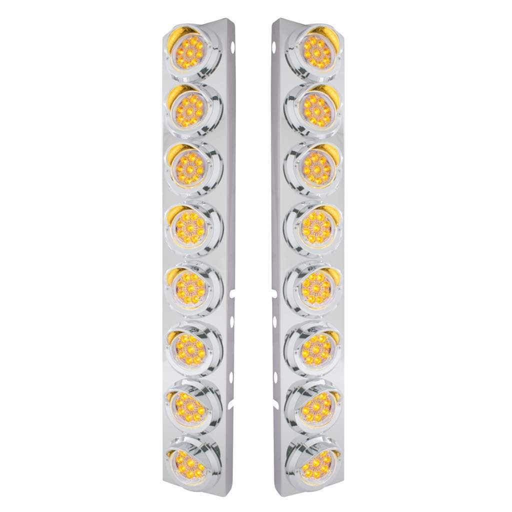 SS Front Air Cleaner Bracket With 16X 9 LED 2" Reflector Lights & Visors For Peterbilt-Amber LED/Clear Lens