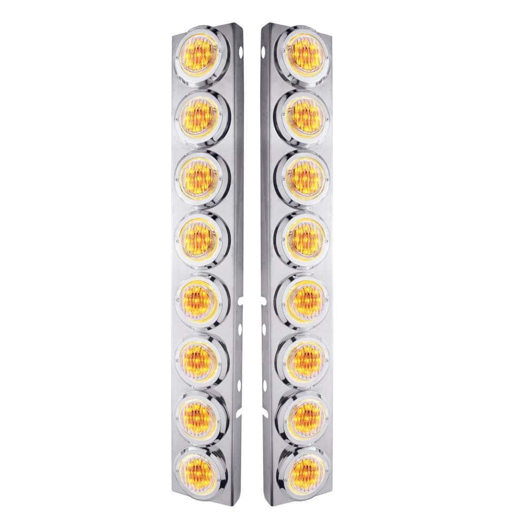 SS Front Air Cleaner Bracket With 16X 9 LED 2" Lights & Bezels For Peterbilt-Amber LED/Clear Lens