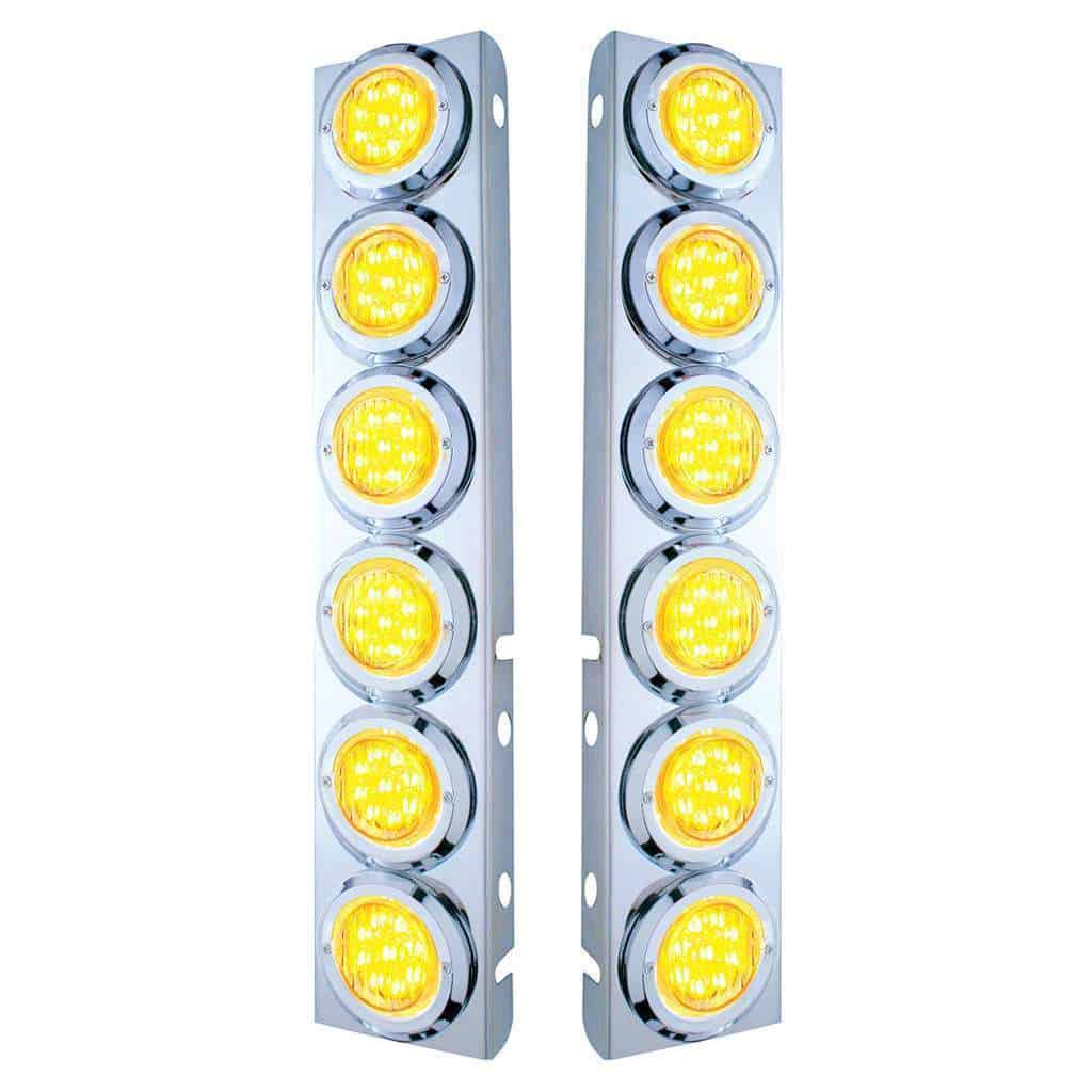 SS Front Air Cleaner Bracket With 12X 9 LED 2" Lights & Bezels For Peterbilt-Amber LED/Clear Lens