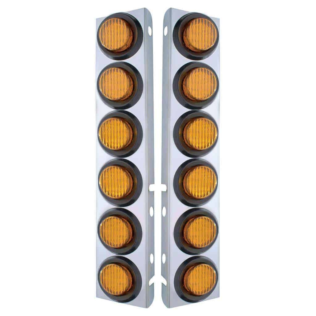 SS Front Air Cleaner Bracket With 12X 9 LED 2" Lights For Peterbilt-Amber LED & Lens (Pair)