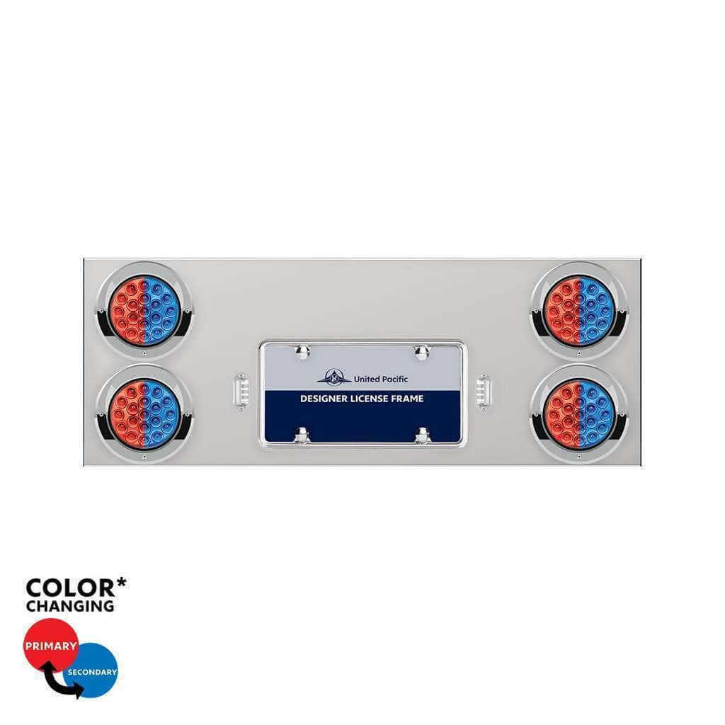 33-3/4" SS Rear Center Panel With 4X 19 LED 4" Double Fury Lights & Visors-Red & Blue LED