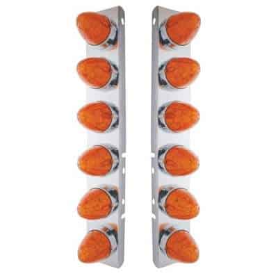 SS Front Air Cleaner Bracket With 12X 19 LED Watermelon Lights & Bezels For Peterbilt-Amber LED/Dark Amber Len