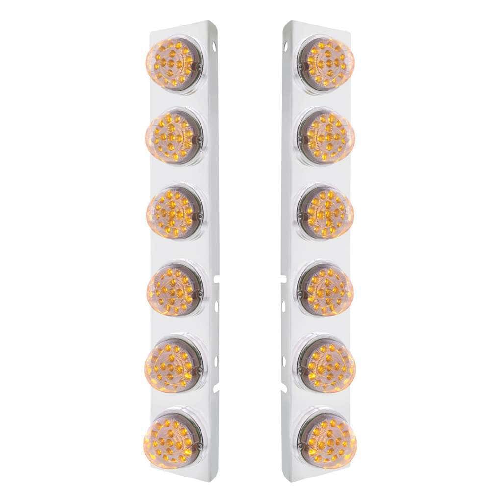 SS Front Air Cleaner Bracket With 12X 17 Amber LED Dual Function Reflector Lights & SS Bezels For Peterbilt-Clear Lens