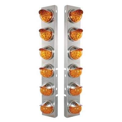 SS Front Air Cleaner Bracket With 12X 17 Amber LED Reflector Lights & SS Visors For Peterbilt-Amber Lens