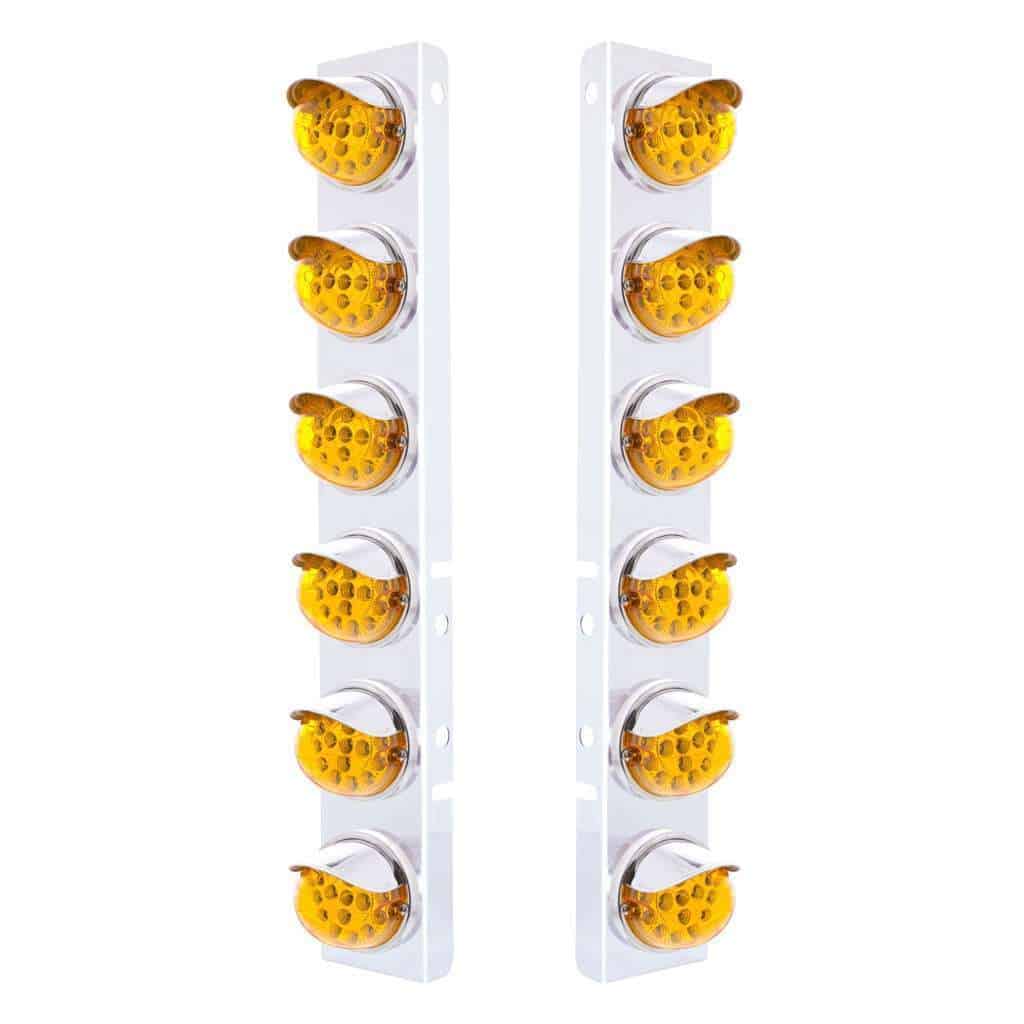 SS Front Air Cleaner Bracket With 12X 17 Amber LED Dual Function Reflector Lights & SS Visors For Peterbilt-Amber Lens