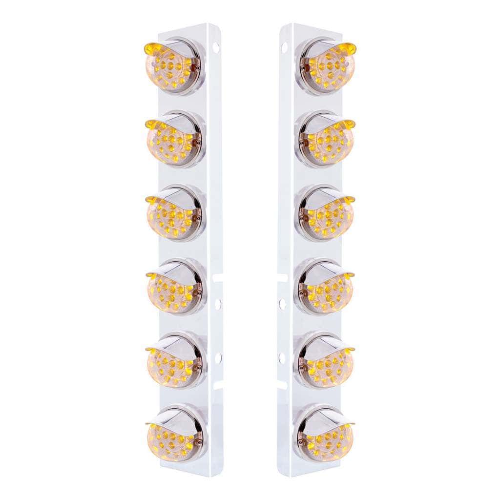 SS Front Air Cleaner Bracket With 12X 17 Amber LED Dual Function Reflector Lights & SS Visors For Peterbilt-Clear Lens