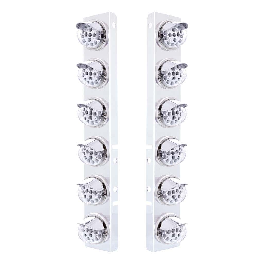 SS Front Air Cleaner Bracket With 12X 17 Amber LED Dual Function Reflector Lights & SS Visors For Peterbilt-Clear Lens