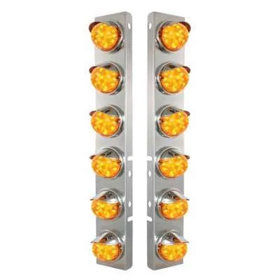 SS Front Air Cleaner Brkt With 12X 17 Amber LED Dual Func. Watermelon Lights & SS Visors For Peterbilt-Amber Lens