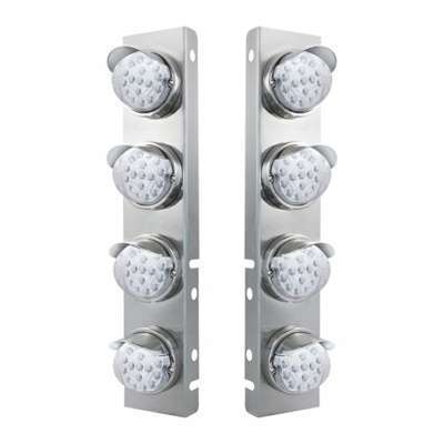 SS Front Air Cleaner Bracket With 8X 17 Amber LED Reflector Lights & SS Visors For Peterbilt-Clear Lens